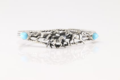 Native America Navajo Sterling Silver Turquoise Horse Bracelet Cuff By Bobby Platero.