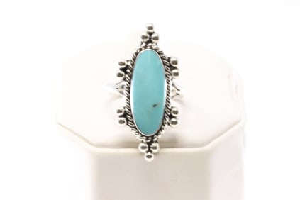 Native America Navajo Sterling Silver Turquoise Ring By Arlene Lewis.