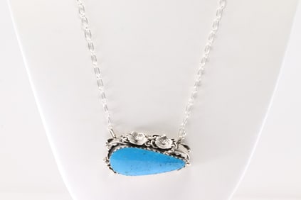 Native America Navajo Sterling Silver Turquoise Necklace Floral By Evelyn Bahe.