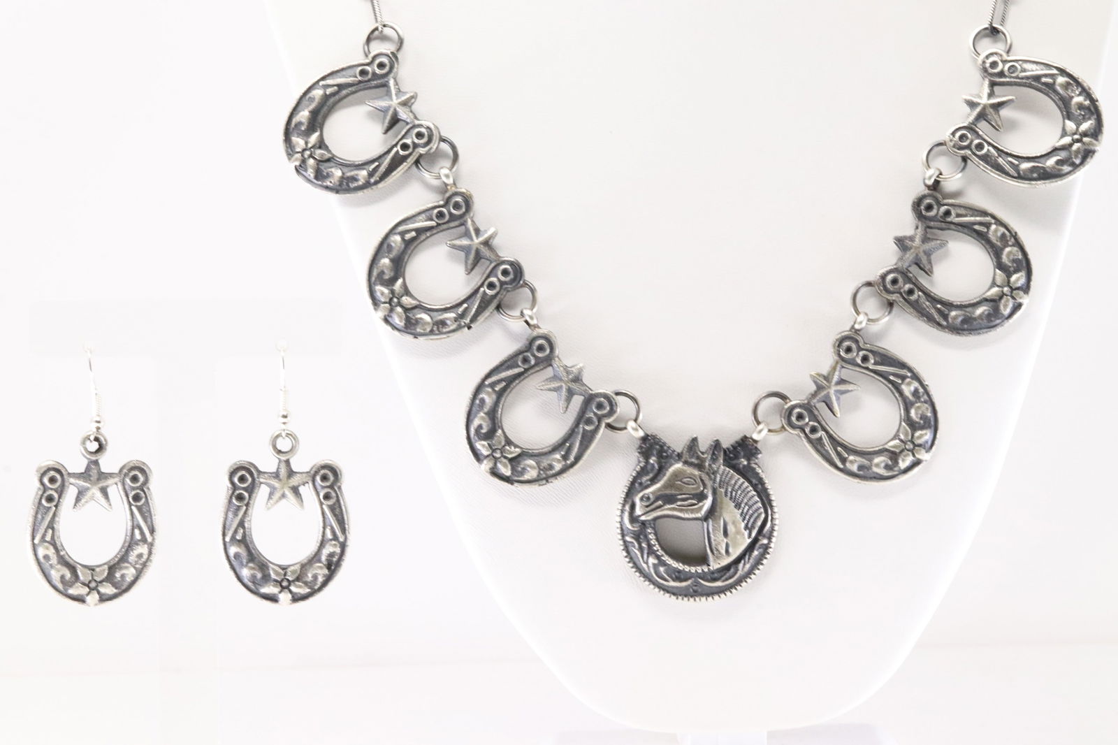 Native America Navajo Sterling Silver Horseshoe Necklace / Dangling Earring's Set By E. L. Billah. (1 of 6)