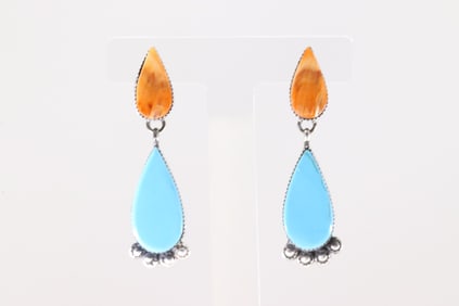 Native America Navajo Sterling Silver Spiny Oyster & Turquoise Post Dangling Earring's By Selina