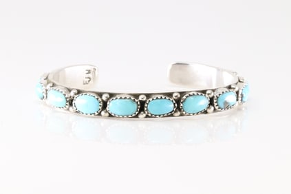 Native America Navajo Sterling Silver Kingman Turquoise Bracelet Cuff E.J.W.