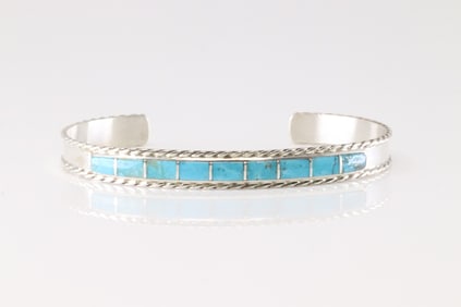 Native America Navajo Sterling Silver Turquoise Inlay Bracelet Cuff By J.P.