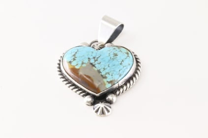Native America Navajo Sterling Silver Number 8 Turquoise Heart Pendent By Johnny Dixon.