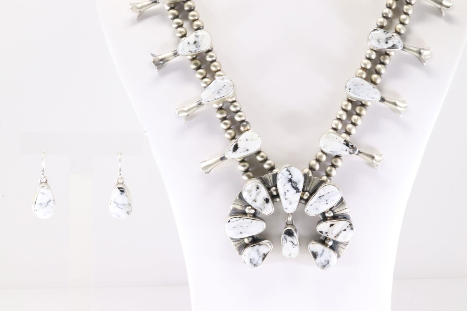 Native America Navajo Sterling Silver White Buffalo Squash Blossom Necklace & Earring's Set By (1 of 9)