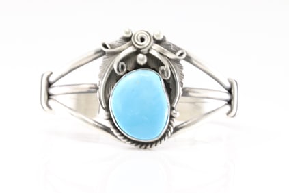 Native America Navajo Sterling Silver Turquoise Feather Bracelet Cuff By Jimmy Lee.