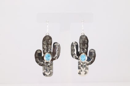 Native America Navajo Sterling Silver Turquoise Cactus Dangling Earring's By Aaron Davis.