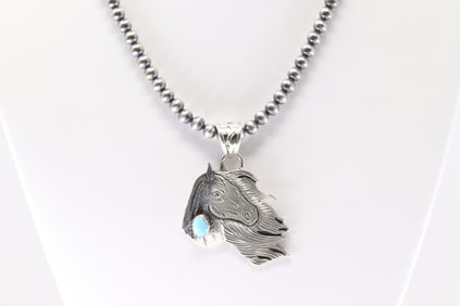 Native America Navajo Sterling Silver Turquoise Horse Necklace By Jeremy Delgarito. From R.B