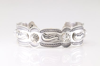 Native America Navajo Sterling Silver Solid Stamped Bracelet Cuff By Roland Dixson.
