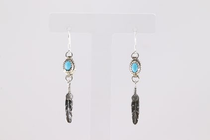 Native America Navajo Sterling Silver Turquoise Feather Dangling Earring's By Letricia Largo.