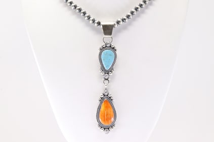 Native America Navajo Sterling Silver Spiny Oyster & Turquoise Pendent By Tom Lewis With None Navajo