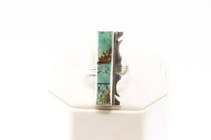 Native America Navajo Sterling Silver Turquoise Inlay Ring By S.F.