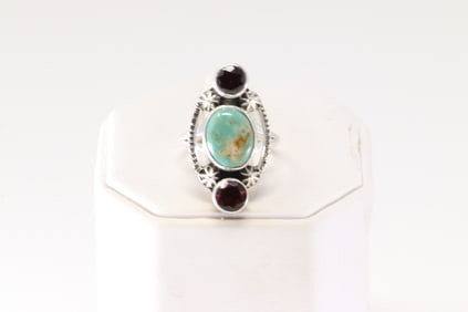 Native America Navajo Sterling Silver Red Stone & Turquoise Ring. From R.B Company.