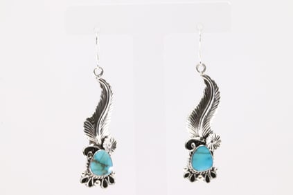 Native America Navajo Sterling Silver Turquoise Feather Dangling Earring's By Annette Martinez.