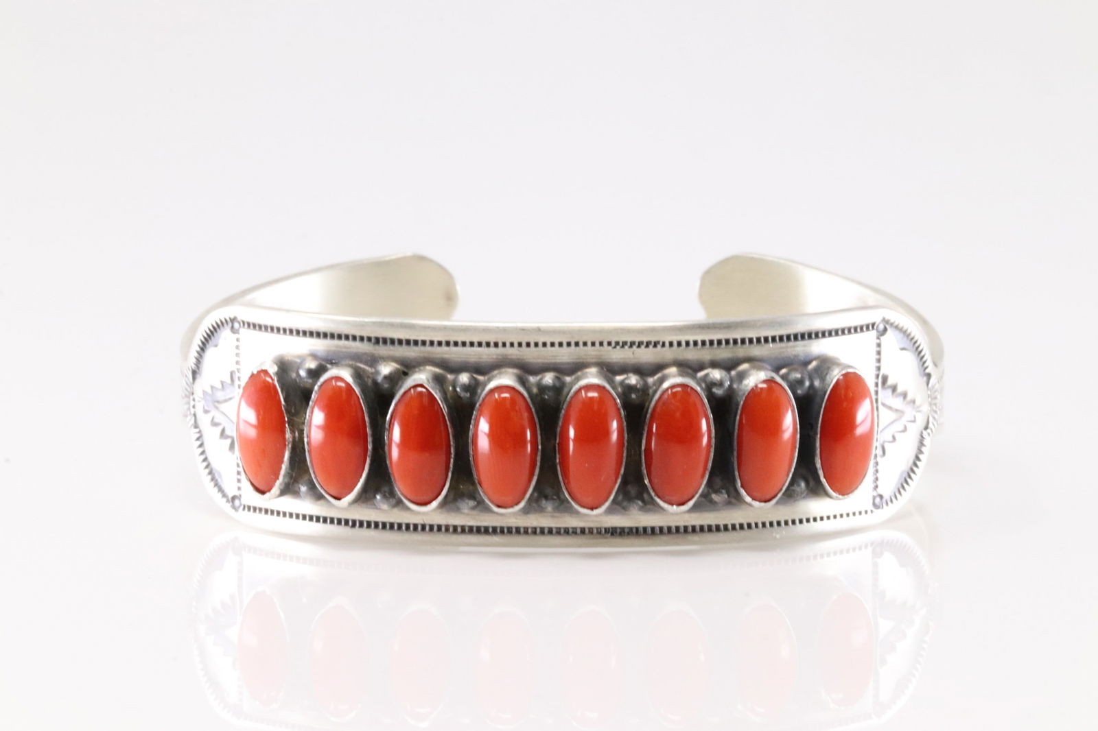 Native America Navajo Sterling Silver Coral Bracelet Cuff From R.B Company.: This is a Native America Navajo Sterling Silver Coral Bracelet Cuff By From R.B Company.
