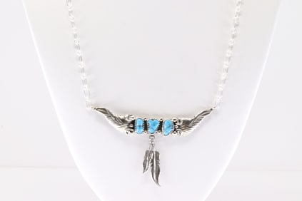 Native America Navajo Sterling Silver Turquoise Feather Necklace By Sadie Jim. From R.B Company.