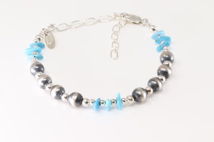 Native America Navajo Sterling Silver Pearl Beaded & Turquoise Bracelet Link By Lucinda Sardo.