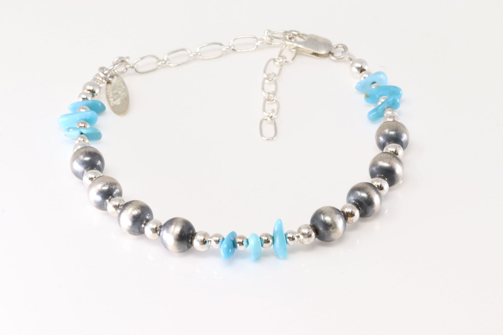 Native America Navajo Sterling Silver Pearl Beaded & Turquoise Bracelet Link By Lucinda Sardo.: This is a Native America Navajo Sterling Silver Pearl Beaded & Turquoise Bracelet Link By Lucinda Sardo.