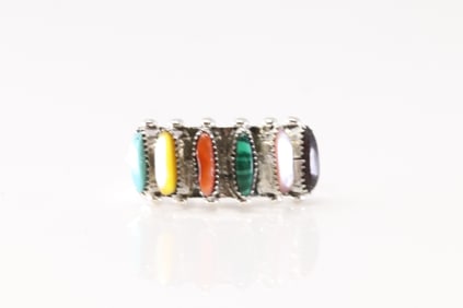 Native America Zuni Sterling Silver Multicolor Stone Ring By Paloma.