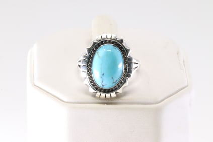 Native America Navajo Sterling Silver Turquoise Ring By Amos Begay. (Stamp Inside B)