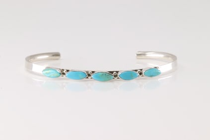 Native America Zuni Sterling Silver Turquoise 5 Stone Bracelet Cuff By Andrea Dishta.
