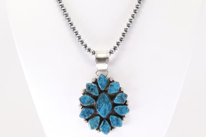 Native America Navajo Sterling Silver Turquoise Pendent By S.W. With None Navajo Stearling Silver