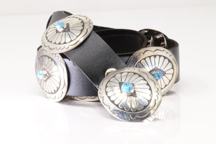Native America Navajo Sterling Silver Turquoise Leather Black Belt By J.B.