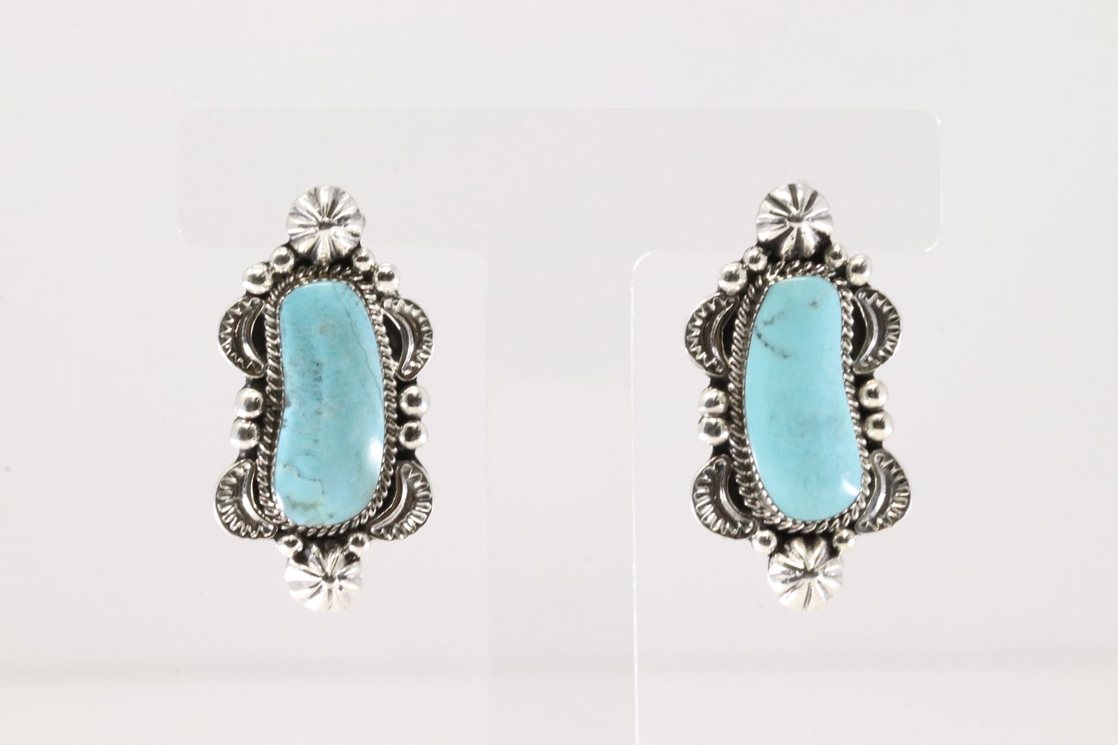 Native America Navajo Sterling Silver Turquoise Post Earring's By Sadie Jim. From R.B Company.: This is a Native America Navajo Sterling Silver Turquoise Post Earring's By Sadie Jim. From R.B Company. Stamp R.B.