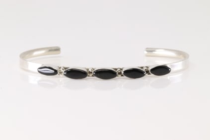 Native America Zuni Sterling Silver Black Onyx 5 Stone Bracelet Cuff By Andrea Dishta.