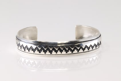 Native American Navajo Sterling Silver Stamped Bracelet Cuff By T/R Singer.