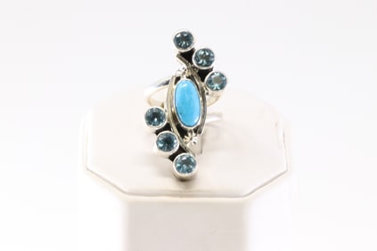 Native American Navajo Sterling Silver Blue Topaz & Turquoise Open Ring By S. Jacle. From R.B