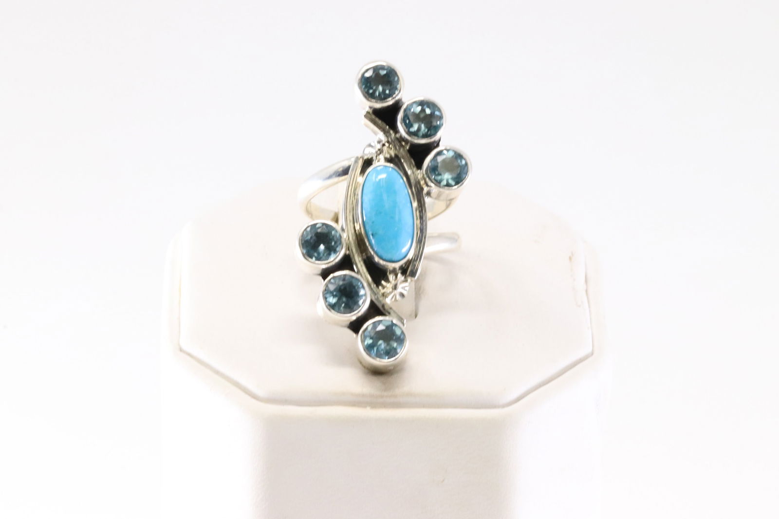 Native American Navajo Sterling Silver Blue Topaz & Turquoise Open Ring By S. Jacle. From R.B (1 of 4)