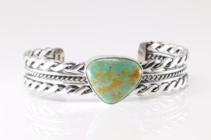 Native America Navajo Sterling Silver Turquoise Bracelet Cuff By Roy Tom.
