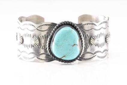 Native American Navajo Sterling Silver Turquoise Bracelet Cuff By Chimnes B.