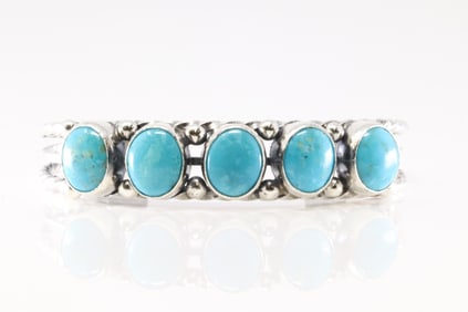 Native America Navajo Sterling Silver Turquoise 5 Stone Bracelet Cuff By Phyllis A. Simth.