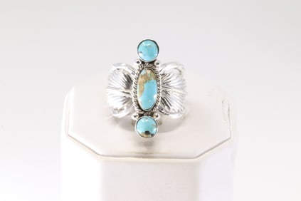 Native America Navajo Sterling Silver Turquoise Feather Ring By Loretta Delgarito. From R.B Company.
