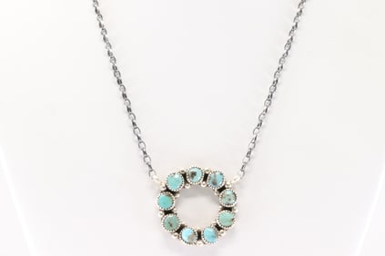 Native America Navajo Sterling Silver Kingman Turquoise Necklace By M.P.