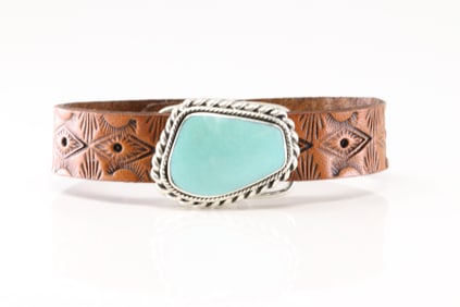 Native America Navajo Sterling Silver Turquoise Leather Bracelet Cuff By Mike Smith.
