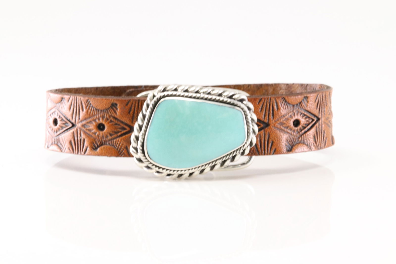 Native America Navajo Sterling Silver Turquoise Leather Bracelet Cuff By Mike Smith. (1 of 4)