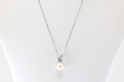 Aquamarine, Peral & Diamond Pendent / Necklace 14Kt.
