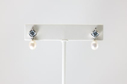 Aquamarine, Pearl & Diamond Earring 14Kt.