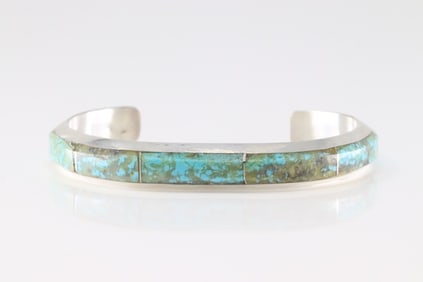 Native America Navajo Sterling Silver Number 8 Turquoise Inlay Bracelet Cuff By Brandon Etcitty.