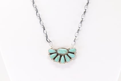 Native America Navajo Sterling Silver Kingman Turquoise Necklace By Alicia Wilson.
