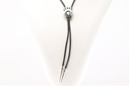 Native America Sterling Silver Bear Paw Turquoise Bolo Necklace.