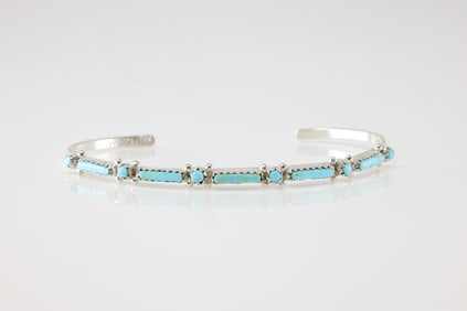 Native America Zuni Sterling Silver Turquoise Bracelet Cuff By IW.