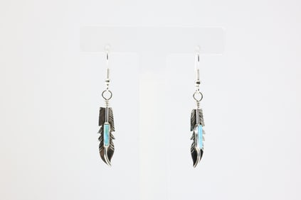 Native America Navajo Sterling Silver Turquoise Feather Dangling Earring's By Barney.