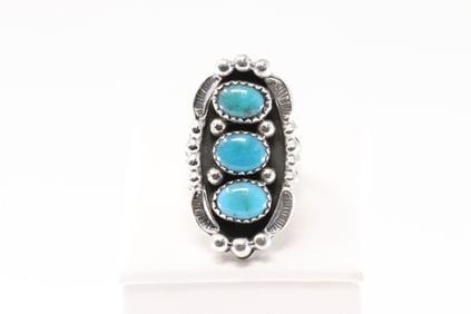 Native America Navajo Sterling Silver Turquoise Ring 3 Stone By Jimmy Garcia. From R.B Company.