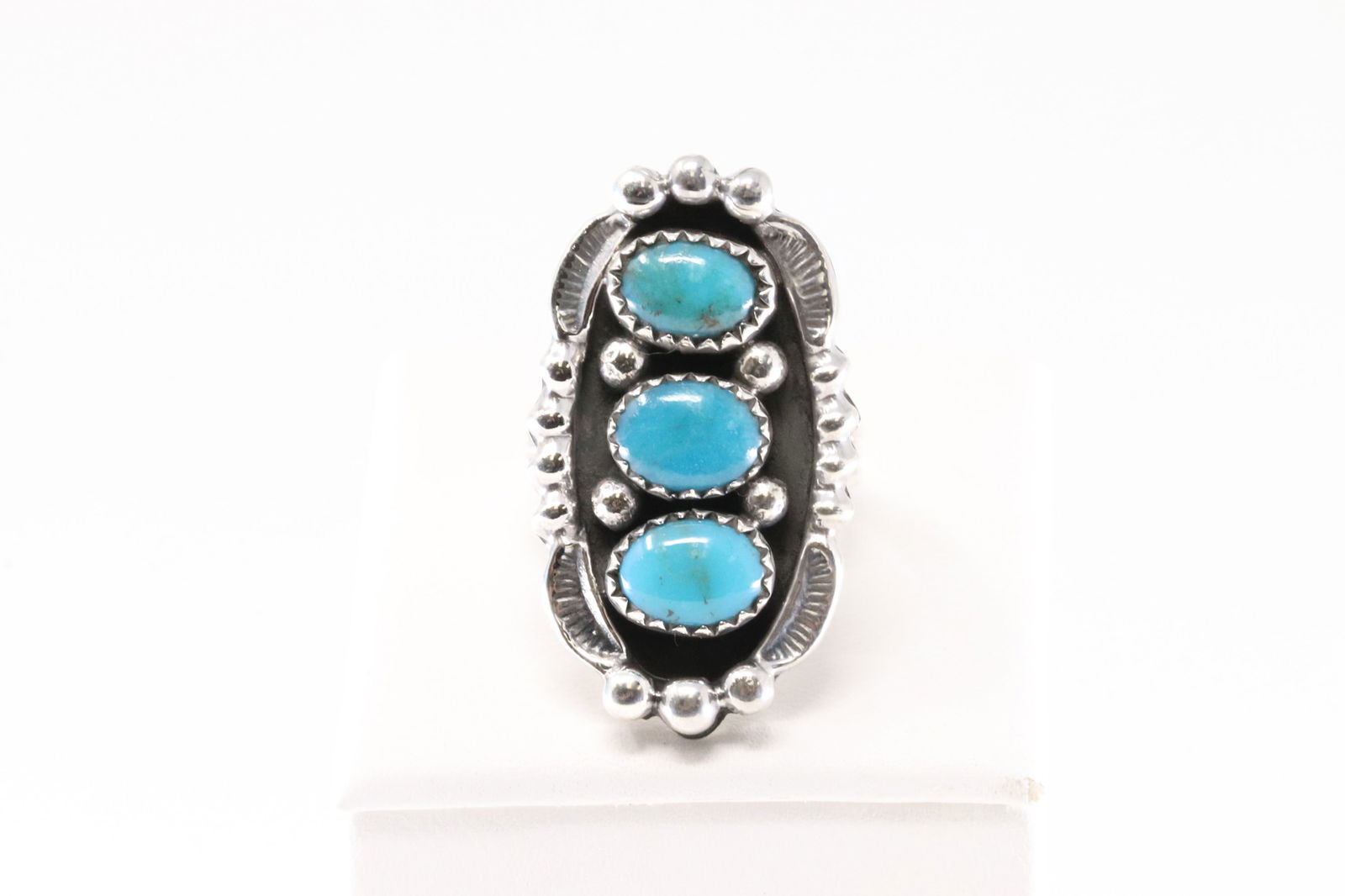 Native America Navajo Sterling Silver Turquoise Ring 3 Stone By Jimmy Garcia. From R.B Company.: This is a Native America Navajo Sterling Silver Turquoise Ring 3 Stone By Jimmy Garcia. From R. B Company. Stamp R.B. Ring size: 6.00.