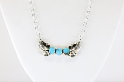 Native America Navajo Sterling Silver Turquoise Necklace By Gwendolyn Burnside. From R.B Company.