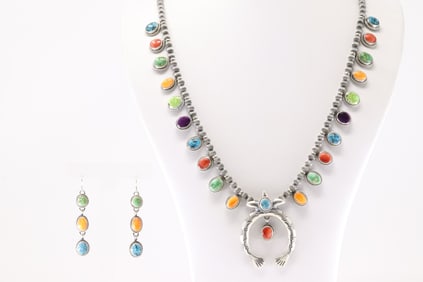 Native America Navajo Sterling Silver Multi-Color Stone Necklace & Earring's Set By T.